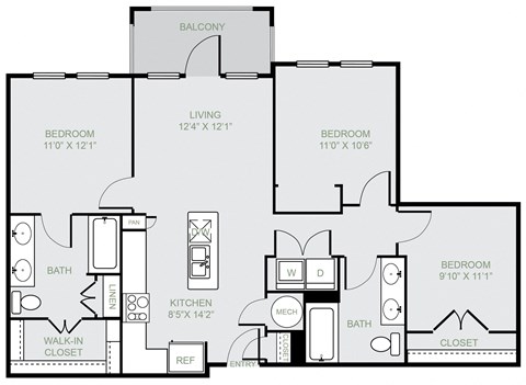 Floor plan for 3 beds, 2 baths, 1151 sqft